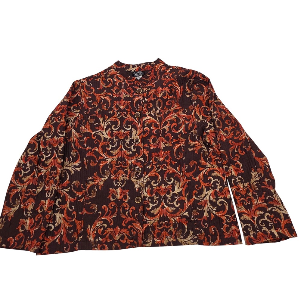 VNT Granny Chic Button Front Jacket W 14P Brown Orange Damask Quilted
